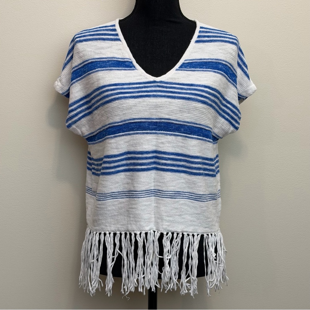 Lauren Jeans Co Striped Fringe‎ Top Womens XS Linen Blend Boho Coastal Festival